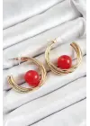Pirinç Gold Renk Halka Model Kırmızı Boncuk Detay Kadın Küpe