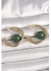 Pirinç Gold Renk Halka Model Yeşil Boncuk Detay Kadın Küpe