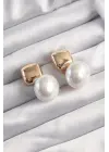  Altın İnci Taşlı Kare Küpe