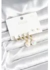 Pirinç Gold Renk İncili 925 Ayar Gümüş Çivi Kadın Küpe Seti