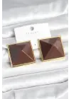 Pirinç Gold Renk Kahverengi Piramit Model Kadın Küpe