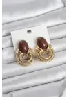 Pirinç Gold Renk Kahverengi Taşlı Vintage Kadın Küpe