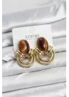 Çelik Gold Renk Kahverengi Taşlı Vintage Kadın Küpe