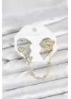 Çelik Gold Renk Kalp Model Zincir Bağlantılı Ear Cuff Küpe Seti
