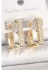 Pirinç Gold Renk Kare Zirkon Taşlı Kadın Küpe