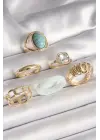  Altın Kare Zirkon Taşlı Sarmal Model Mavi Taş Detay 6Lı Çelik Yüzük Seti