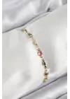 Pirinç Gold Renk Karışık Renkli Kare Zirkon Taşlı Kadın Bileklik