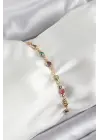 Pirinç Gold Renk Karışık Renkli Zirkon Taşlı Kadın Bileklik
