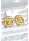 Pirinç Gold Renk Kehribar Boncuklu Vintage Kadın Küpe