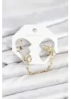 Çelik Gold Renk Kelebekli Model Zincir Bağlantılı Ear Cuff Küpe Seti