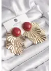  Altın Kırmızı Boncuklu Yaprak Model Vintage Çelik Küpe