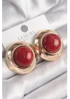  Altın Kırmızı Doğal Taşlı Daire Vintage Çelik Küpe
