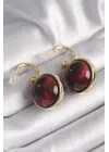  Altın Kırmızı Doğal Taşlı Vintage Çelik Küpe