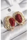 Altın Kırmızı Oval İşleme Detay Vintage Çelik Küpe