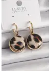  Altın Leopar Desenli Daire Model Çelik Küpe
