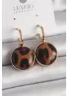  Altın Leopar Desenli Daire Model Çelik Küpe