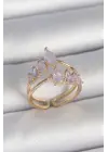 Pirinç Gold Renk Mor Damla Zirkon Taşlı Taç Model Kadın Yüzük