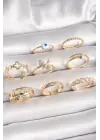 Pirinç Gold Renk Nazar Boncuk Model Kuş Detay Kadın Yüzük Kombini