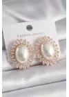  Altın Oval İncili Zirkon Taşlı Çelik Küpe