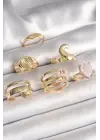  Altın Pembe Damla Mineli Sarmal İşleme Detaylı 6Lı Çelik Yüzük Seti