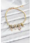 Çelik Gold Renk Pembe Kalp Charmlı Kadın Bileklik