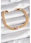 Pirinç Gold Renk Pembe Kare Zirkon Taşlı VIP Seri Kadın Bileklik