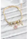 Çelik Gold Renk Pembe Kelebek Charmlı Kadın Bileklik