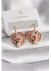  Altın Pembe Kırmızı Renkli İnci Detay Motif Model Çelik Küpe