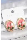 Pirinç Gold Renk Pembe Mineli İncili Çiçek İşlemli Portre Model Kadın Küpe