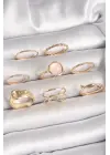 Pirinç Gold Renk Pembe Mineli Kemer Model Kadın Yüzük Kombini