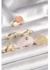  Altın Pembe Plastik Yüzük Model Daire Pembe Mine Yılan Detay 6Lı Çelik Yüzük Seti