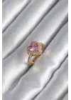  Altın Pembe Zirkon Taşlı Charm Kalp Model Çelik Yüzük