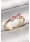  Altın Pembe Zirkon Taşlı Kalp Fiyonk Model Çelik Yüzük