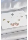 Pirinç Gold Renk Pembe Zirkon Taşlı Kalp Model 925 Ayar Gümüş Çivi Kadın Küpe Seti
