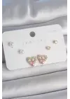 Pirinç Gold Renk Pembe Zirkon Taşlı Kalp Model İnci Detay 925 Ayar Kadın Küpe Seti