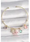 Pirinç Gold Renk Pembe Zirkon Taşlı Kelebek Figür Sallantı Detaylı Charm Kadın Bileklik