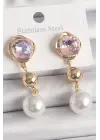  Altın Pembe Zirkon Taşlı Sallantı İnci Detay Çelik Küpe