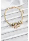 Çelik Gold Renk Renkli Yıldız Charmlı Kadın Bileklik