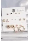  Altın Renkli Zirkon Taşlı Kalp Detay 7 Çift Çelik Küpe Seti