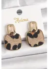 Pirinç Gold Renk Sallantı Kare Leopar Model Kadın Küpe