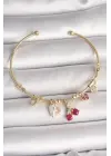 Pirinç Gold Renk Sallantı Kırmızı Zirkon Taşlı Kiraz Figür Charm Kadın Bileklik