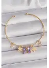 Pirinç Gold Renk Sallantı Mor Zirkon Taşlı Kelebek Figür Yıldız Detay Charm Bileklik