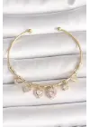 Pirinç Gold Renk Sallantı Pembe Zirkon Taşlı Kalp Figür Charm Kadın Bileklik