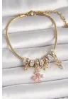 Pirinç Gold Renk Sallantı Pembe Zirkon Taşlı Kelebek Figür Çiçek Detay Charm Kadın Bileklik