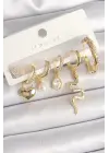 Pirinç Gold Renk Sallantı Yılan Model Zirkon Taşlı Halka Kilit Kalp Detay Kadın Küpe Seti