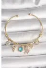 Pirinç Gold Renk Sallantı Zirkon Taşlı AYıcık Figür Kalp Detay Charm Kadın Bileklik