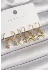  Altın Sallantı Zirkon Taşlı Kurdele Model Kalp Detay Çelik Küpe Seti