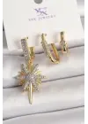 Pirinç Gold Renk Sallantı Zirkon Taşlı Kutup Yıldız Model 3Lü Kadın Kombin Küpe