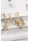 Pirinç Gold Renk Sallantı Zirkon Taşlı Yıldız Model 3Lü Kadın Kombin Küpe