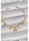 Pirinç Gold Renk Sallantı Zirkon Taşlı Yonca Figür Charm Bileklik